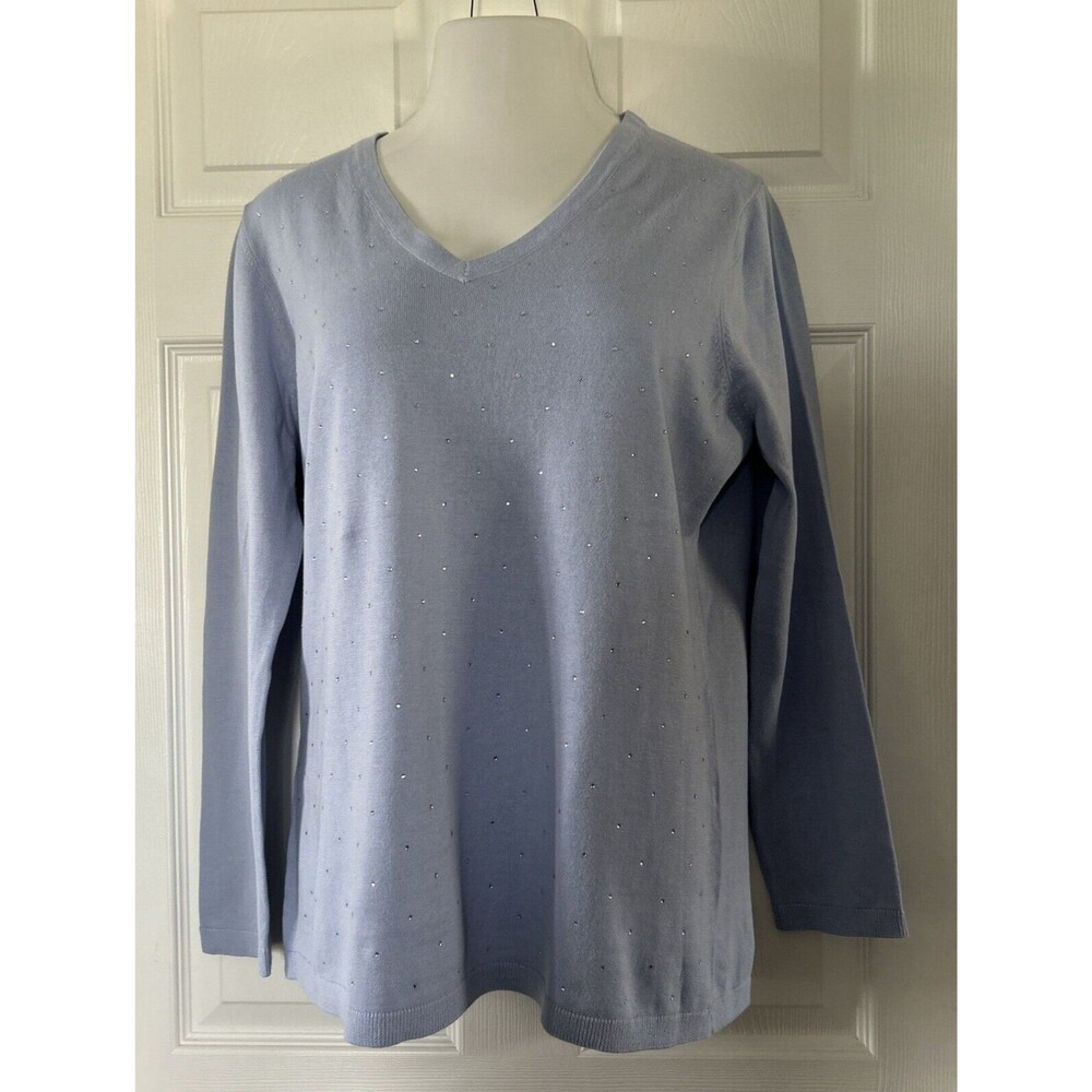 DKNY Jeans XXL V Neck Light Blue Fine Knit Sweater Sparkle Rhinestones